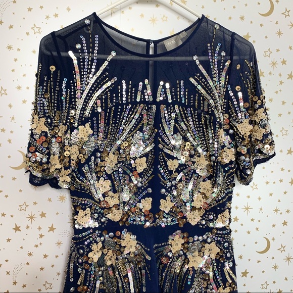 asos gold and navy sparkle mesh skater dress
